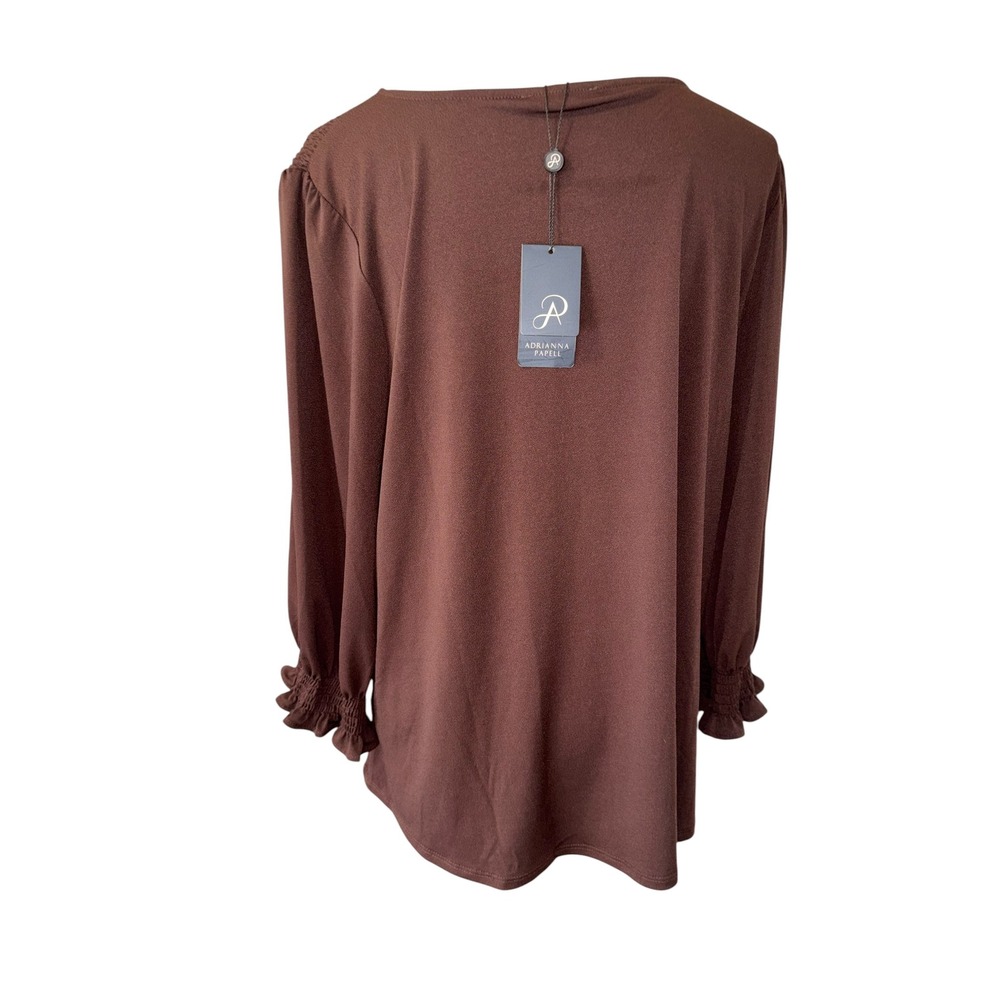 Adrianna Papell Women Brown Smocked Sleeve V-Neck Blouse Top 1X Career Capsule - Picture 4 of 16